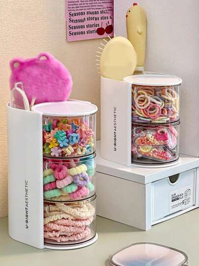 1pc Kids Multi-Layer Rotating Storage Box, Rotating Storage Box For Hair Clips, Hair Accessories, Hair Ties, Makeup Sponges, Jewelry, Rings, Dust-Proof Storage