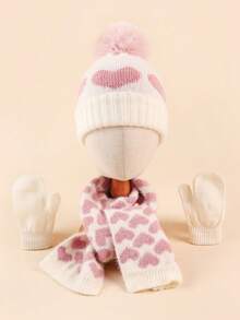 1 Set Of Heart-Shaped Jacquard Children's Knitted Set, Gloves+Knitted Hat+Scarf Set, Autumn And Winter Outdoor Warm Set, Cute Woolen Ball Hat, Suitable For Outdoor Walking And Dressing - Set Combination - View 7