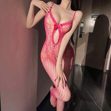 No Need To Take Off Jacquard Weave Sexy Lingerie Open Crotch Connected Mesh Socks Hollow Out Tight Mesh Clothing Temptation Black Silk Emotional Uniform - Rose Red - View 3