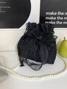 This Fashionable And Elegant Women's Crossbody Bag Is Made Of Polyester Fabric, Decorated With A Bow, Drawstring Closure, And Features A Beaded Chain Strap, Suitable For Occasions Such As Banquets, Parties, And Weddings. - Black - View 6