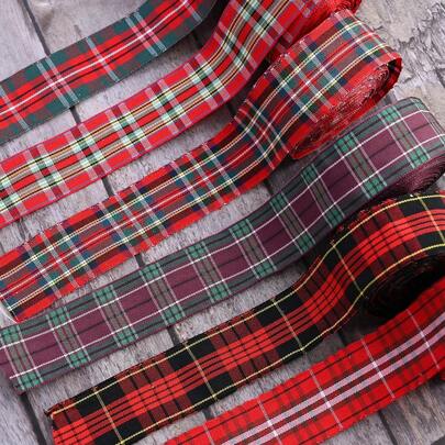 5 Yards Classic 2.5cm Width Christmas Scottish Check Print DIY Ribbon For Handmade DIY Craft Gift Floral Packing Wedding Christmas Wreath Deco