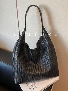 1 件 FEISTURE 编织纹理大容量单肩包，带磁扣的手提包，适合日常外出、约会、通勤 - 黑色 - 查看 3