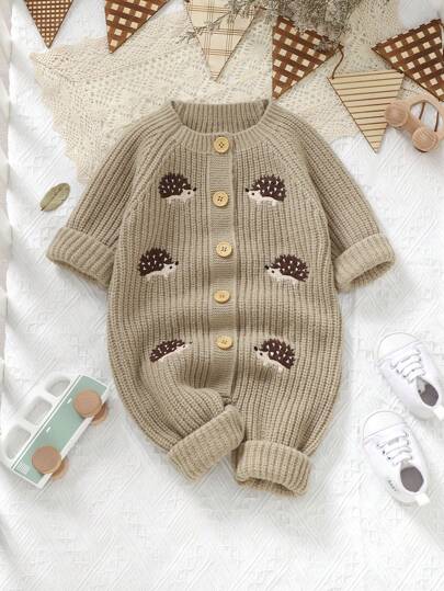 Newborn Baby Knitted Romper With Embroidered Hedgehog Pattern, Soft & Comfortable Long Sleeve Jumpsuit, Simple & Elegant Outfit For Baby Girls