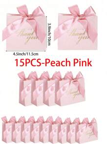10个迷你感谢礼品袋，尺寸4.5x1.8x3.9英寸，纸袋带蝴蝶结，粉色图案，烫金工艺，适合装糖果和小物件，非常适合生日、母亲节、送礼、新娘送礼会、毕业派对、万圣节装饰等各种场合。 - 粉色 - 查看 12