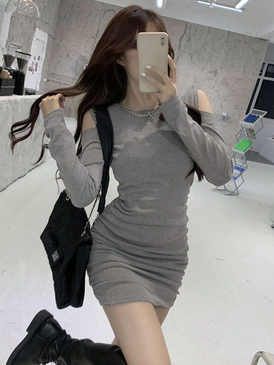 Solid Color Casual Ribbed Ruffle Hem Daily Wear Long Sleeve Mini Dress For Women, Spring/Autumn