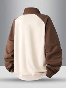 青少年时尚插肩袖半拉链条纹运动衫，秋季 - 卡其色 - 查看 2