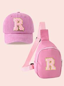2pcs/Set Girls Pink Letter Graphic Baseball Cap And Bag, Boys Breathable Casual Outfit Suitable For Daily Wear And Outdoor Activities