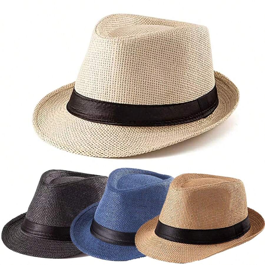 Unisex Handmade Simple Straw Panama Hat Summer Beach Sun Short Brim Breathable Fedora Trilby Cuban Cap For Beach, Casual Gatherings, And Travel - 藏蓝色 - 查看 1