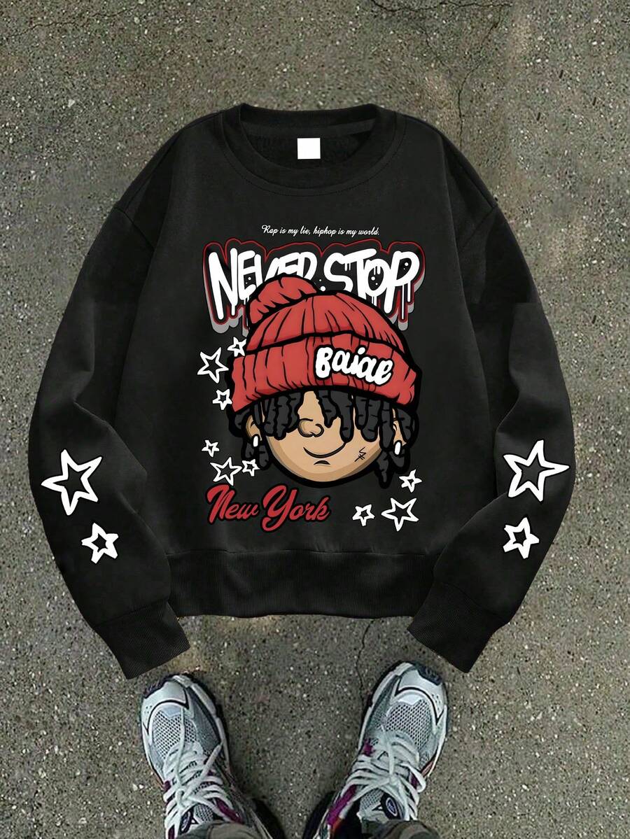 1 件男孩街头风格卡通印花圆领运动衫，柔软舒适，春秋季日常休闲装 - 黑色 - 查看 1