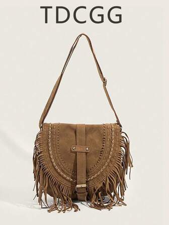 流苏装饰波西米亚风黑色单肩斜挎包，复古时尚街头朋克风手机包，适合日常使用