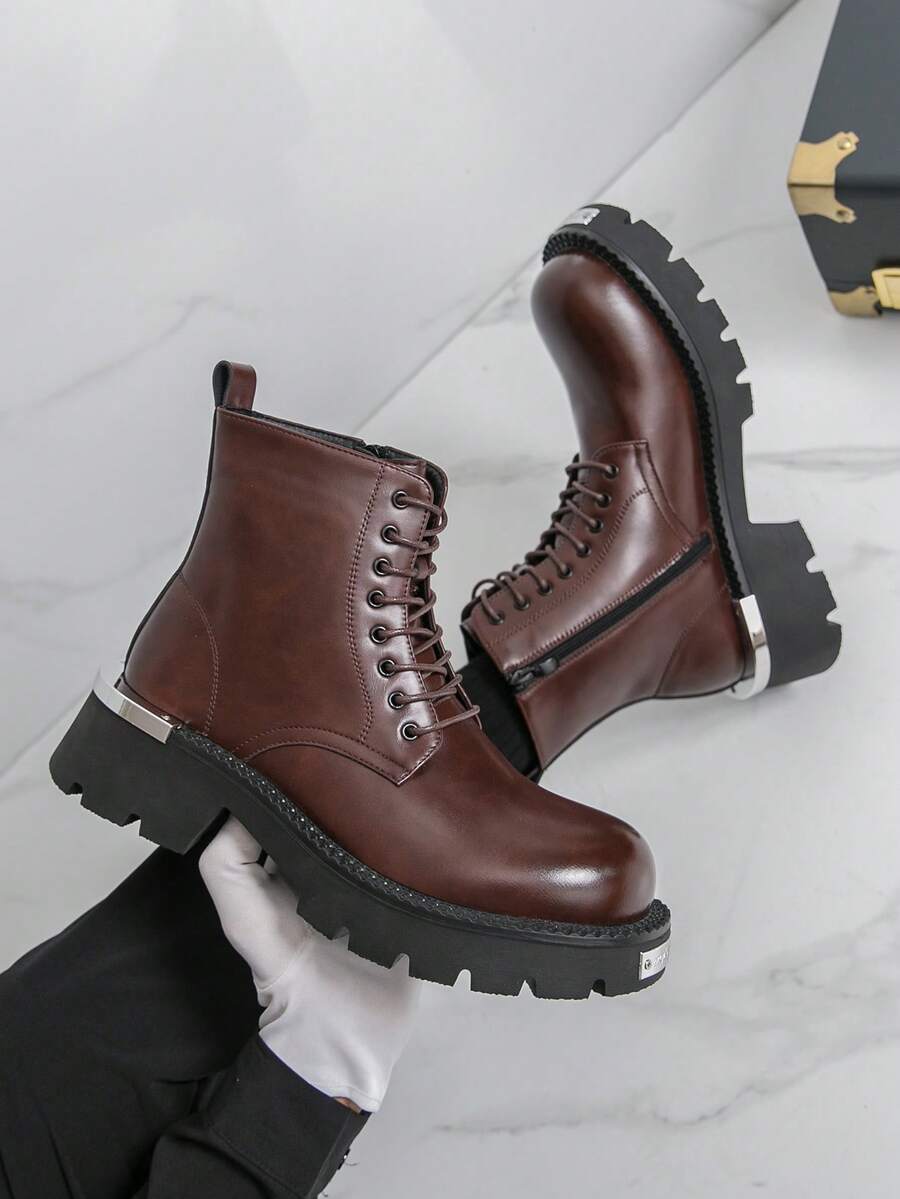 Ghete bărbătești la modă cu talpă groasă și șireturi, decorațiuni cu etichete, ghete de motocicletă pentru bărbați în stil britanic, ghete Derby versatile, ghete - Maro - Vizualizare 1