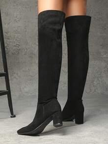 Eleganckie kozaki za kolano, materiał i lakierowana skóra, odzież wierzchnia, gruby obcas, wsuwane, jesień/zima, wysokie obcasy - Czarne - Zobacz 5