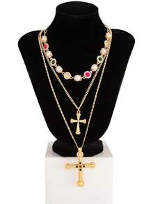 Layered Necklace Set Women – Vintage Gold Pearl Choker, Multi-Strand Chain With Religious Pendant, Baroque Statement Jewelry, Adjustable Fashion - 三層金十字架 - 查看 3
