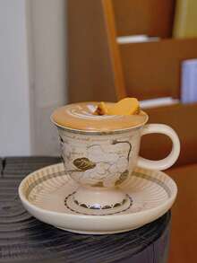 1 set 200 ml Tasse à café et soucoupe en céramique blanche vintage avec orchidée, verrerie en céramique rétro japonaise, assiette à dessert à rayures verticales, vaisselle de maison, tasse à thé et soucoupe en céramique vieillie cuite au four, mug à fleurs d'orchidée blanche, élégante tasse à café et soucoupe pour le thé de l'après-midi, assiette noix de coco