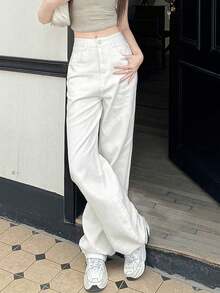 女士休闲高腰直筒阔腿牛仔裤，百搭复古 - 白色 - 查看 3