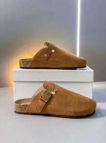 2025夏季男女通用博肯一脚蹬拖鞋，皮革鞋面搭配搭扣设计，软木厚底，耐磨，简约纯色，适合户外、旅行、休闲街头风格、情侣装，轻便露背穆勒拖鞋，时尚舒适，建议订购大一码