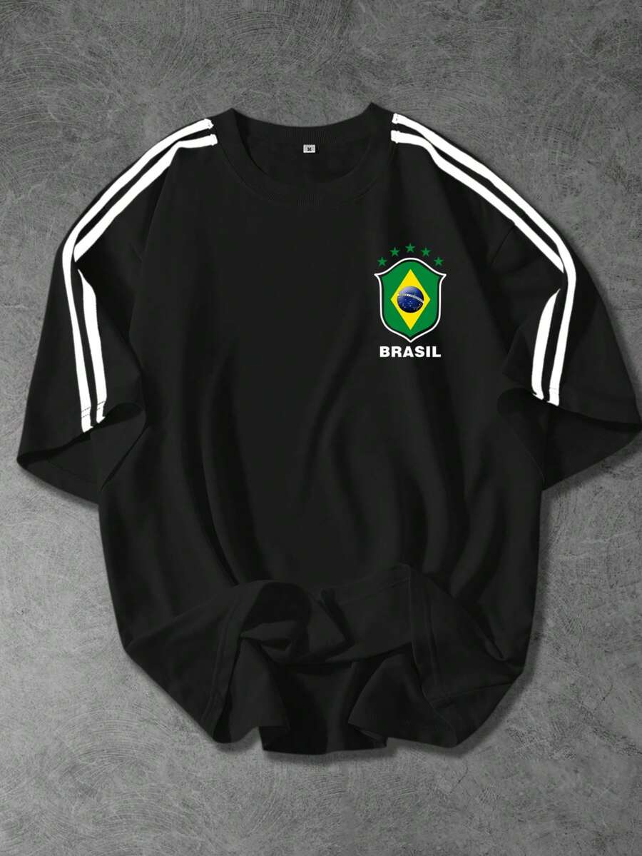 Áo thun nam ngắn tay màu đen đơn giản Shwiy với họa tiết băng dính và in số 7 của đội tuyển Brazil, phù hợp cho học sinh, mặc thường ngày. - màu đen - Xem 1