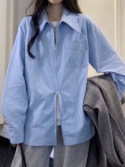 Women's Solid Color Minimalist Casual Collared Zip-Up Long Sleeve Shirt