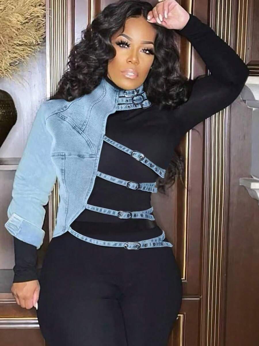 Women's Casual Denim Jacket, Patchwork Denim Top, Asymmetric Irregular Denim One-Shoulder Short Design. - Rửa nhẹ - Xem 1