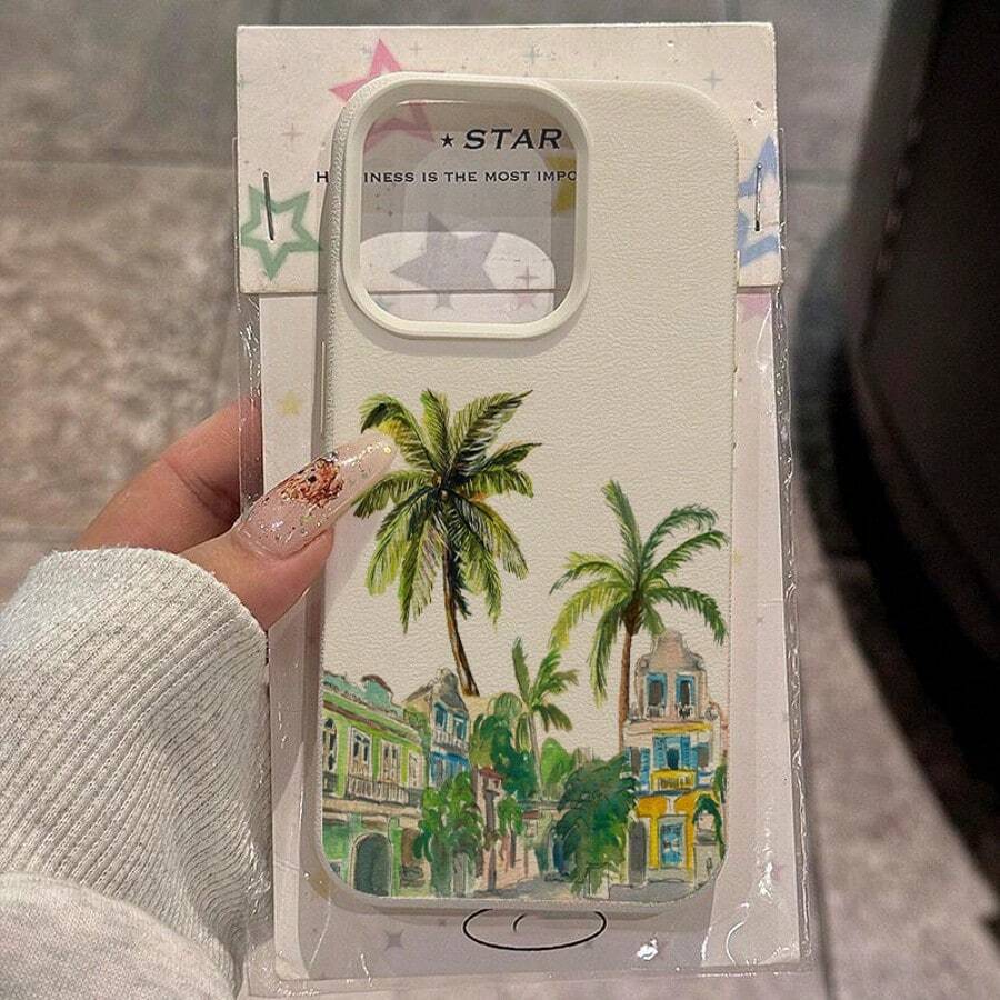 1个TPU材质夏季绿色椰子城市图案手机壳,兼容/等手机,国际版,非国内版 - 白色 - 查看 1