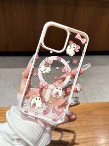 Pink Bow & Floral Ghost Print Magnetic Ring Phone Case Compatible With IPhone 16 Pro Max, 14/13, 12, 11 Pro Max, XS Max, X, XR, 8, 7, Plus, Mini, Suitable As Birthday Gift For Girlfriend, Boyfriend Or Personal Use Waterproof Shockproof Anti-Fall Scratch Resistant