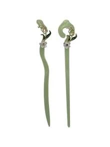 4 件装绿色塑料百合花发夹，优雅发髻夹，适用于旗袍、汉服、夏季、发夹、发髻接发、发髻制作器、发髻发片、发型夹、发夹、发夹、绿色发饰 - 彩色 - 查看 3