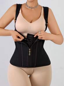 1pc Women's Mesh Breathable Zipper Closure Double Compression Waist Trainer, Waist Cincher With Back Support - Black - View 2
