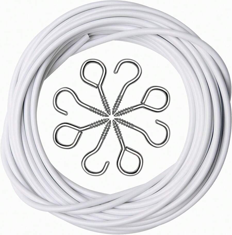 ASIWUJING Net Curtain Wire And Hooks Set, 10M Net Curtain Wire With 20pcs Eye Bolts And 20pcs Screw-In Hooks For Net Curtain Rod… - White - View 1