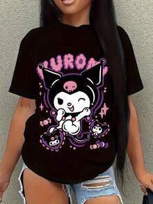 SANRIO HELLO KITTY Women's Short-Sleeved Crew Neck Casual T-Shirt With HELLO KITTY Print. Made Of Pure Cotton. Machine Washable. Suitable For All Seasons. Summer Wear. Fun, Sexy, Avant-Garde And Personalized Design. Opaque Fabric. - Black - View 1