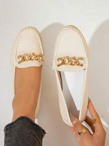 2025 Spring New Women's Fashion Gold Chain Elegant Slip-On Loafers, Lightweight & Comfortable, Versatile Rubber Flat Shoes - Beige - View 4