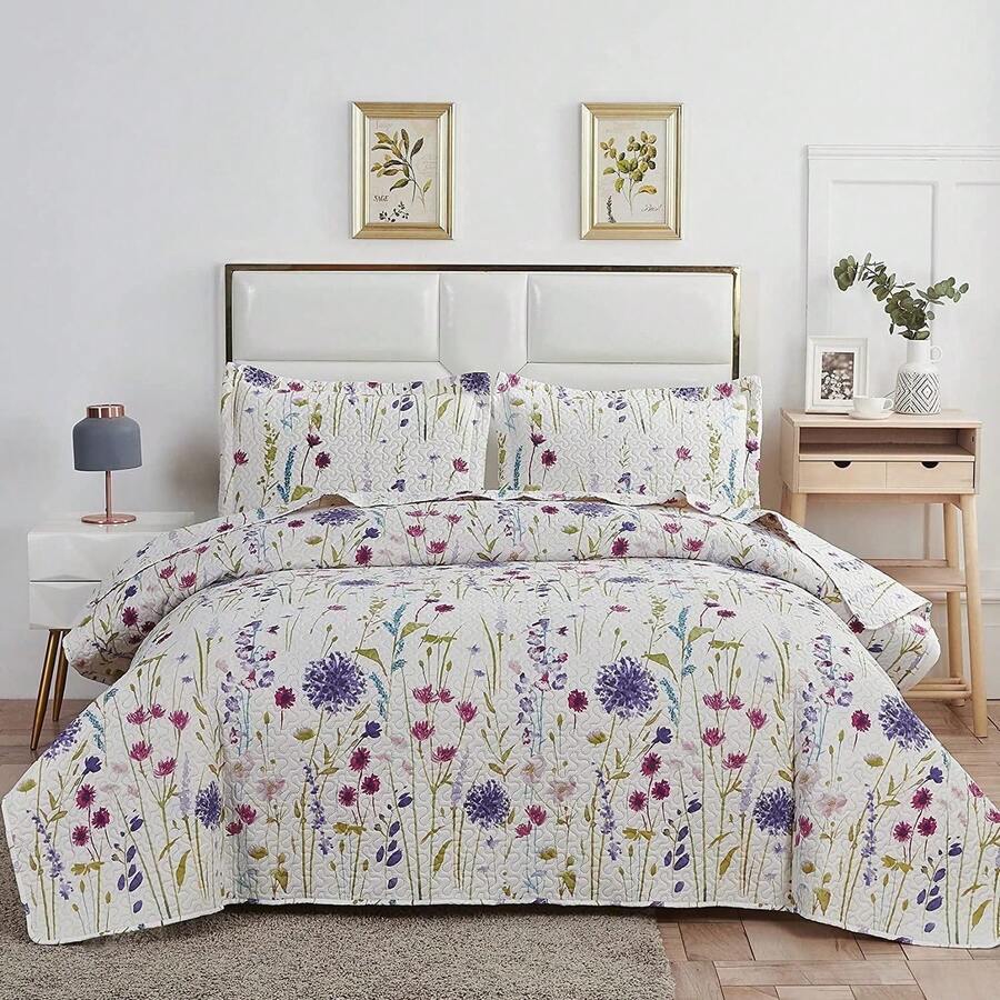 Twin/Full/Queen/King Quilt Set, 3 Piece Floral Bedding Set Microfiber Bedspread Coverlets For Beds - Hoa mơ mộng - Xem 1