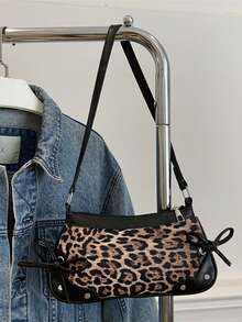 1个复古蝴蝶结装饰单肩腋下法棍包，适合约会、外出、派对，豹纹印花，新款秋冬虎纹印花女士手提包 - 黑色 - 查看 11