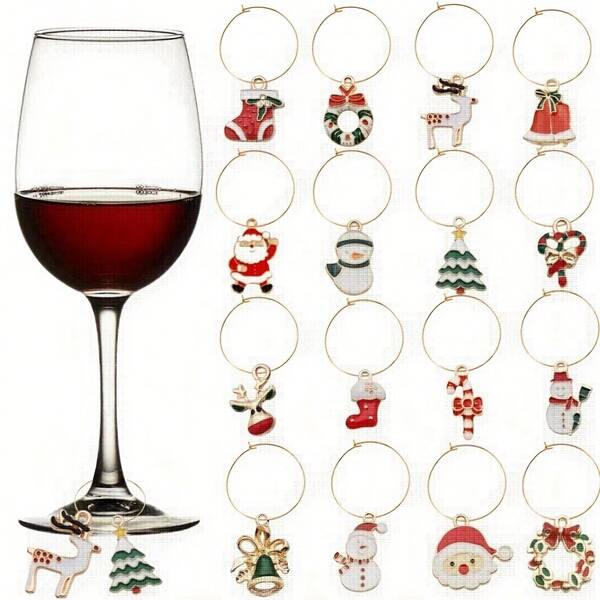 Christmas Themed Wine Glass Pendant With Label For Identifying Tall Glasses. Wine Pendant, Wine Drinker Gift, Wine Tasting Party Gift Decoration Set Of 16 Pieces