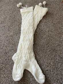1双针织过膝长筒保暖袜，加厚带绒球，秋冬季舒适保暖 - 白色 - 查看 3