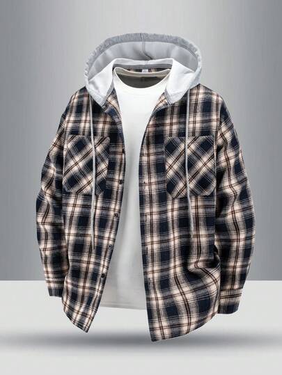 Men's Casual Loose Fit Checkered Hooded Shacket With Chest Pocket, Adjustable Drawstring, Versatile For Spring Autumn