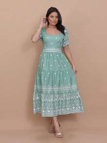 Helena Crepe Printed Midi Dress With Short Sleeves - Mint Green - View 4