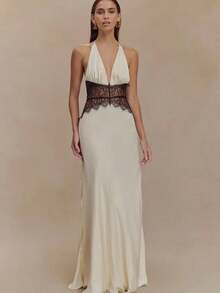 Patchwork Sexy Deep V-Neck Lace Halter Women Maxi Dress White Backless Evening Dress Summer Slim Elegant Party Dress - 黑色 - 查看 4
