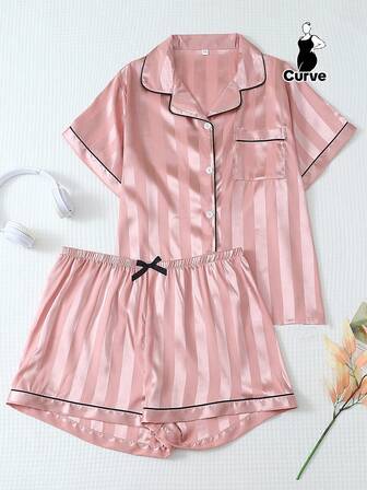 2 件大码女式缎面条纹印花睡衣套装，翻领纽扣短袖上衣和蝴蝶结短裤，夏季睡衣和家居服