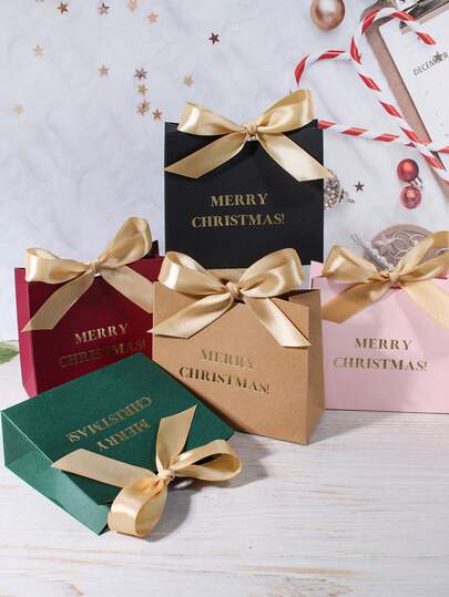 10/20PCS Merry Christmas Gift Box With Satin Ribbon Bow, Luxury Paper Treat Packaging For Holiday Parties, Candy, Cookies, Jewelry, Multi-Color Options Black Pink Kraft, Reusable Christmas Favor Box For Family Friends Celebration
