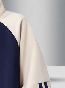 青少年时尚插肩袖半拉链条纹运动衫，秋季 - 藏蓝色 - 查看 4