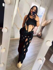 PANTALON  SPIRAL  Liso    Casual  Dulce  Elegante  Sexy    Mezclilla    Cremallera  Encaje en contraste  Botón    Noche de fiesta - Negro - Ver 6