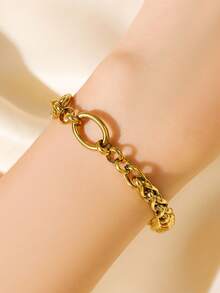 RAYQUEEN 1 Set Stainless Steel Personalized Fashion Chain Linked Gold Necklace And Bracelet Jewelry Set, Suitable As Gift - Yellow Gold - View 5