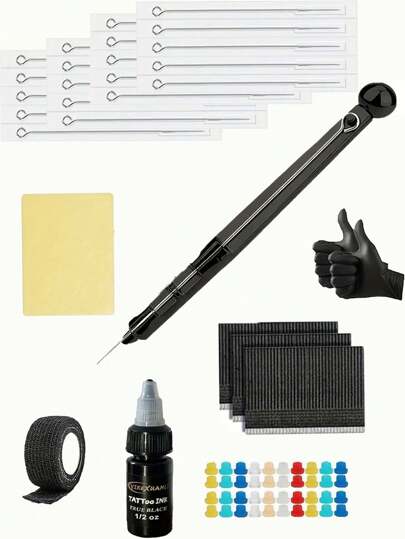1 Set Hand Poke & Stick & Poke Tattoo Kit With Ink, Tattoo Needles, 15ml/0.5oz Tattoo Ink, Tattoo Practice Skin, Black Tattoo Wrap, Black Tattoo Ink, And Reliable Hand Poke Tattoo Kit, Suitable For Tattoo Artists