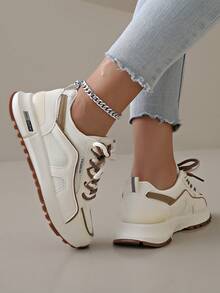 Novos Tênis Casuais Femininos, Malha Respirável Bege, Design com Cadarço, Adequado para Todas as Estações
