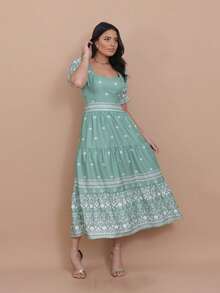 Helena Crepe Printed Midi Dress With Short Sleeves - Mint Green - View 5