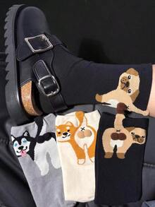 3 Pairs Random Puppy & Egg Design Cute Sweet Girl Street Fashion Mid-Calf Socks - Multicolor - View 4