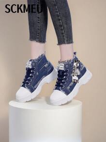 SCKMEU 1 par de zapatillas casuales con suela gruesa de denim para mujer, nuevas versátiles y cómodas zapatillas deportivas de caña alta para otoño 2025, adecuadas para faldas, senderismo, deportes, uso casual, zapatos planos de moda