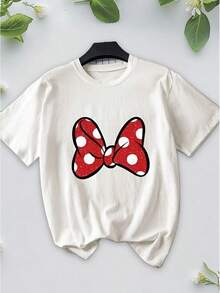 Red Polka Dot Bow Print Summer Women's 100% Cotton Short Sleeves, White Tops, Graphic T-Shirts, Cotton T-Shirts - trắng - Xem 2