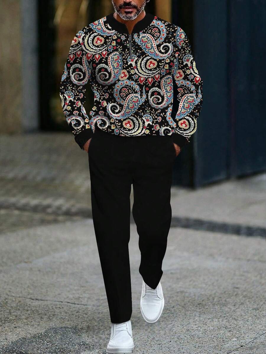The New Men's Spring And Autumn Retro Style Stand-Up Collar Zipper Long Sleeve Polo Shirt Suit, Geometric Art Pattern Print, Stand-Up Collar Zipper Long Sleeve Polo Shirt And Casual Trousers Sports Suit, Suitable For Outdoor Daily Casual Suits - Màu sắc hỗn hợp - Xem 1