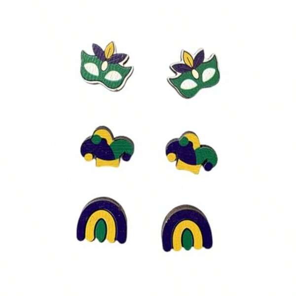 Pingyongchang 3 Pairs Mardi Gras Wood Stud Earrings Carnival Theme Mask Hat Rainbow Wooden Lightweight Stud Earrings For Women Mardi Gras Festival Holiday Jewelry Gifts